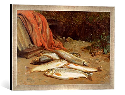 Gerahmtes Bild von William Geddes Brown Trout on a River Bank, Kunstdruck im hochwertigen handgefertigten Bilder-Rahmen, 60x40 cm, Silber Raya von kunst für alle