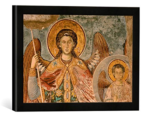 Gerahmtes Bild von byzantinisch Wandmalerei Athos, Protaton, Engel und Jesusknabe, Kunstdruck im hochwertigen handgefertigten Bilder-Rahmen, 40x30 cm, Schwarz matt von kunst für alle