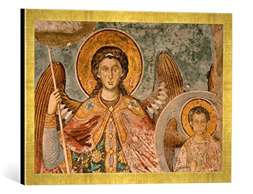 Gerahmtes Bild von byzantinisch Wandmalerei Athos, Protaton, Engel und Jesusknabe, Kunstdruck im hochwertigen handgefertigten Bilder-Rahmen, 60x40 cm, Gold Raya von kunst für alle