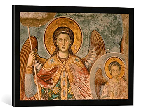 Gerahmtes Bild von byzantinisch Wandmalerei Athos, Protaton, Engel und Jesusknabe, Kunstdruck im hochwertigen handgefertigten Bilder-Rahmen, 60x40 cm, Schwarz matt von kunst für alle