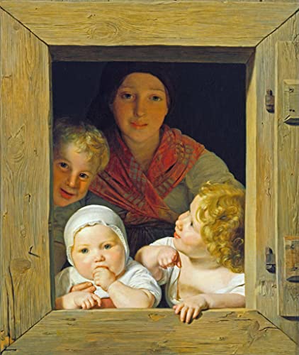 Kunstdruck/Poster: Ferdinand Georg Waldmüller Junge Bäuerin mit DREI Kindern im Fenster - hochwertiger Druck, Bild, Kunstposter, 45x55 cm von kunst für alle