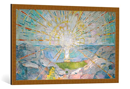 kunst für alle Bild mit Bilder-Rahmen: Edvard Munch Die Sonne - dekorativer Kunstdruck, hochwertig gerahmt, 100x60 cm, Kupfer gebürstet von kunst für alle