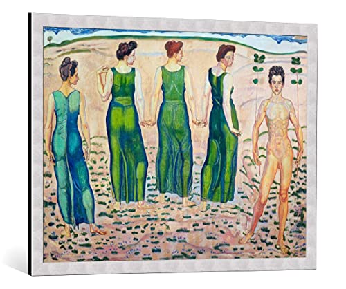 kunst für alle Bild mit Bilder-Rahmen: Ferdinand Hodler Jüngling vom Weibe bewundert erste Fassung - dekorativer Kunstdruck, hochwertig gerahmt, 95x70 cm, Silber gebürstet von kunst für alle