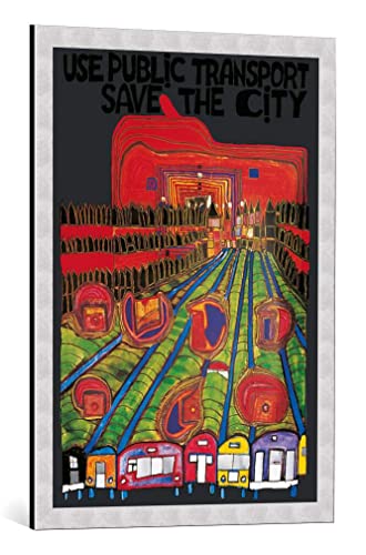 kunst für alle Bild mit Bilder-Rahmen: Friedensreich Hundertwasser Benutzt öffentliche Verkehrsmittel - rettet die Stadt - dekorativer Kunstdruck, hochwertig gerahmt, 59x84 cm, Silber gebürstet von kunst für alle