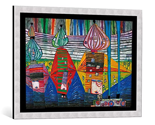 Bild mit Bilder-Rahmen: Friedensreich Hundertwasser Emersion der dritten Haut - dekorativer Kunstdruck, hochwertig gerahmt, 84x59 cm, Silber gebürstet von kunst für alle
