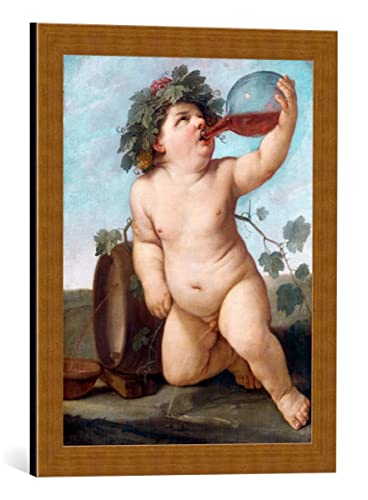 kunst für alle Bild mit Bilder-Rahmen: Guido Reni Trinkender Bacchusknabe - dekorativer Kunstdruck, hochwertig gerahmt, 40x50 cm, Kupfer gebürstet von kunst für alle