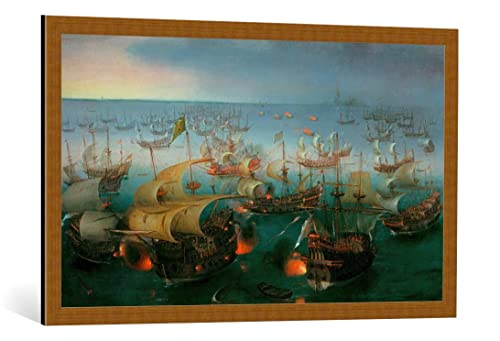 kunst für alle Bild mit Bilder-Rahmen: Hendrick Cornelisz Vroom Seeschlacht Untergang der Armada 1588" - dekorativer Kunstdruck, hochwertig gerahmt, 100x60 cm, Kupfer gebürstet von kunst für alle