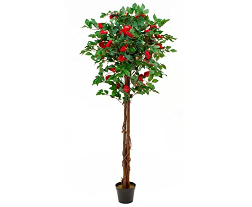 Kamelien Kunstbaum 180cm hoch mit roten Blüten und berankten Naturstämmen im Topf von kunstpflanzen-discount.com