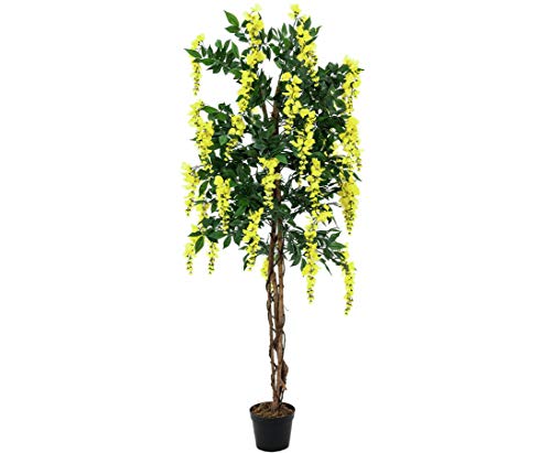 Künstlicher blühender Goldregen Kunstbaum 150cm hoch mit gelben Blüten und Echtholz Stämmen im Zementfuß von kunstpflanzen-discount.com