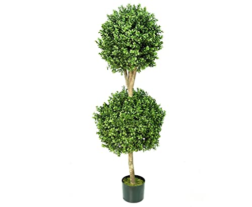 Kunstbaum Buchs mit Naturstamm Höhe 140cm und 2 Kugeln 40/50cm PE Blätter UV-sicher von kunstpflanzen-discount.com