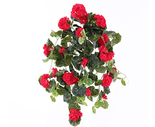 Kunstblume Geranie hängend mit 22 roten Blüten und 128 Blätter, 70cm - Künstliche Hängegeranie Pelargonien Kunstpflanze zum Stecken von kunstpflanzen-discount.com