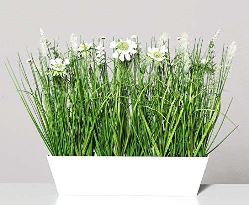 Arrangement aus Kunstgras und Wiesenblumen Creme-weiß in Deko Schale mit 42cm - Künstliches Gras mit Kunstblumen blühend von kunstpflanzen-discount.com