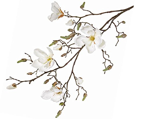 Künstlicher Zweig Deko Magnolien, 4 Blüten weiß, Höhe 107cm - Blühender Magnolienzweig Dekozweig mit Knospen von kunstpflanzen-discount.com