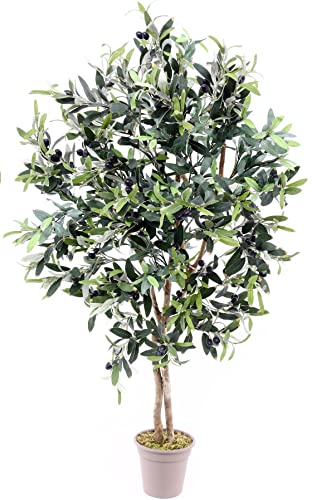 kunstpflanzen-Discount.com Oliven Kunstbaum 125cm mit 960 Textilfaser Blätter und Naturstämme - Künstlicher Olivenbaum mit Früchten von kunstpflanzen-discount.com