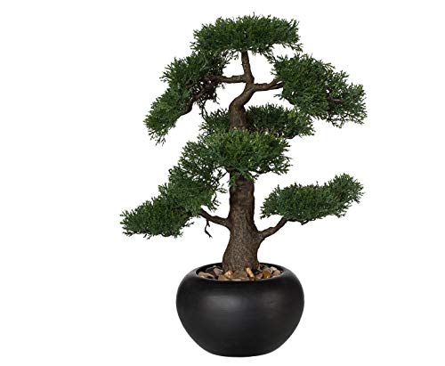 kunstpflanzen-discount.com Künstlicher Bonsaibaum Zeder 48cm hoch im schwarzen Keramiktopf mit Kieselsteinen - naturgetreu gearbeitet von kunstpflanzen-discount.com