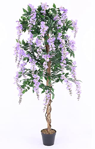 kunstpflanzen-discount.com Künstlicher blühender Goldregen Baum 150cm mit Ranken am Naturstamm und hängenden violetten Blüten im Zementtopf von kunstpflanzen-discount.com