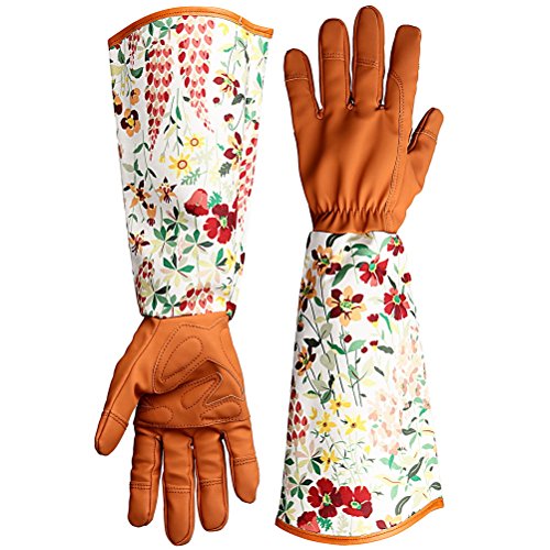 kuou Dornensichere Gartenhandschuhe mit Ärmeln aus Leder mit Blumendruck, Arbeitshandschuhe für Damen von kuou
