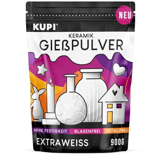 KUPI 0,9kg Gips zum Gießen Lufthärtend & Geruchlos | Keramik Gießpulver Weiß | Gießmasse für Silikonformen | Reliefgießpulver zum Basteln Modellieren Strukturieren von kupi