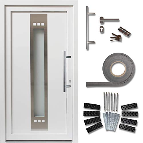 kuporta Kunststoff Haustür Lugana Türen 108 x 208 cm DIN links weiß mit Stoßgriff-Set Montageset Fugendichtband von kuporta