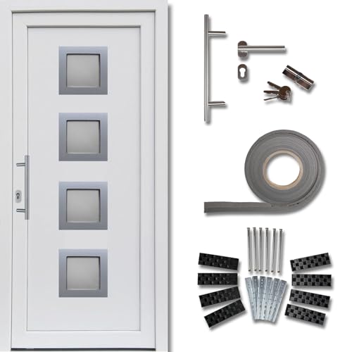kuporta Haustür Komplett-Set - Haustüre aus Kunststoff Modell: Modena, 108 x 208 cm, DIN links, außen und innen weiß mit Stoßgriff-Set, Montageset, Fugendichtband | Eingangstüren von kuporta