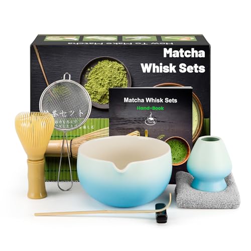Matcha Set, Ensemble de Fouet à Matcha, Japanisches Tee-Set mit Matcha Besen, Matcha Schale und Besenhalter aus Keramik, Matcha Löffel, Sieb, Teetuch, Matcha Zubehör(7 Teiliges), Farbverlauf Blau von kurkip