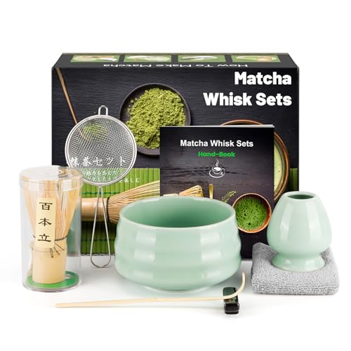 Matcha Set, Ensemble de Fouet à Matcha, Japanisches Tee-Set mit Matcha Besen, Matcha Schale und Besenhalter aus Keramik, Matcha Löffel, Sieb, Teetuch, Matcha Zubehör(7 Teiliges), Hellgrün von kurkip