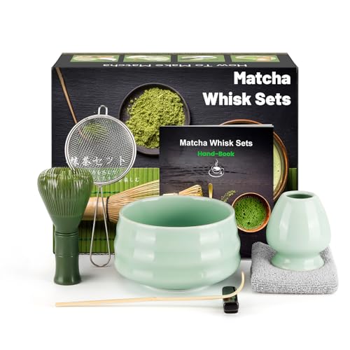 Matcha Set, Ensemble de Fouet à Matcha, Japanisches Tee-Set mit Matcha Besen, Matcha Schale und Besenhalter aus Keramik, Matcha Löffel, Sieb, Teetuch, Matcha Zubehör(7 Teiliges), Hellgrün von kurkip