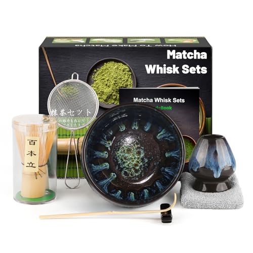 Matcha Set, Ensemble de Fouet à Matcha, Japanisches Tee-Set mit Matcha Besen, Matcha Schale und Besenhalter aus Keramik, Matcha Löffel, Sieb, Teetuch, Matcha Zubehör(7 Teiliges), Schwarz von kurkip