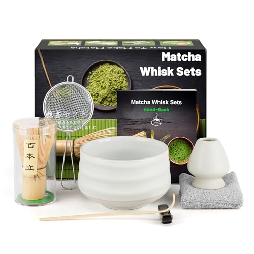 Matcha Set, Ensemble de Fouet à Matcha, Japanisches Tee-Set mit Matcha Besen, Matcha Schale und Besenhalter aus Keramik, Matcha Löffel, Sieb, Teetuch, Matcha Zubehör(7 Teiliges), Weiß von kurkip
