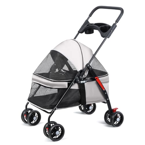 kurriuwu 4 Räder Hunde Kinderwagen, Faltbarer Haustier Kinderwagen für kleine mittelgroße und Katzen, des Außenreisens mit Tassenhalter, Hinterrad -Dualbremse, Grau von kurriuwu