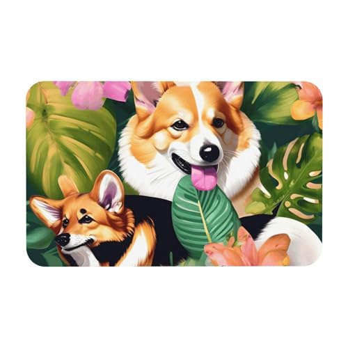kurue Tropische Blume und Corgi Druck Kieselgur Badematte Große rutschfeste Duschmatte mit schnell trocknender Badezimmer Bodenmatte von kurue