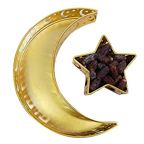 Dessert-Tablett,Eisen Teller Mond Und Stern Muster Ramadan Kulbang Tischdekoration DIY Party Gebäck Tablett,Halbmond Srar Eid Ramadan Party Essen Servieren Geschirr Display Halter Dekor (G - Gold) von kushuang