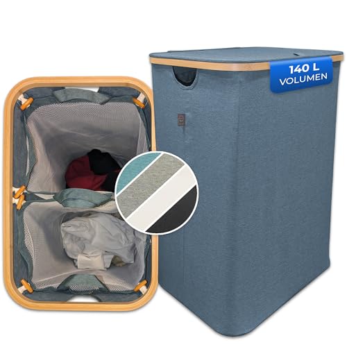 kutunu® - Faltbarer Wäschekorb mit Deckel 140L -türkis- Wäschesammler mit 2 Wäschesäcken zur Wäschetrennung - Laundry Baskets - Wäschebox Wäschekorb Holz Wäschetonne Wäschesortierer Wäschekorb schmal von kutunu