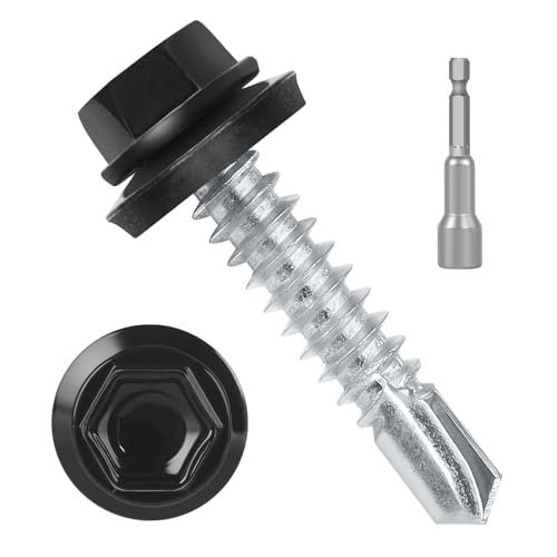 # 10 x 1 (200 Stück) schwarze Metall-Dachschrauben mit Gummi-Unterlegscheibe, Sechskantkopfschrauben aus Metall auf Holz, selbstbohrende Blechschraube, Sechskant-Bit-Stecknuss im Lieferumfang von kvohlum