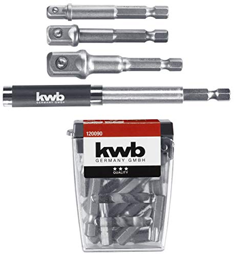 kwb 23-teiliges Bit-Set inkl. Stecknuss-Adapter und Bithalter 80 mm/Verlängerbar auf 118 mm für Akku-Schrauber, Steckschlüssel-Vierkantadapter von kwb