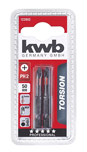 kwb 2 x Bits 50 mm PH 2 Torsion mit 1/4 Außensechskant (TQ 60 Stahl, Torsionszone, ISO 1173 Antrieb C6.3) von kwb