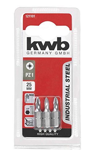 kwb 3 x Bits 25 mm PZ 2 Industrial Steel 121102 (TQ 60 Stahl, ISO 1173, Antrieb C 6.3) von kwb