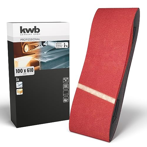 kwb Schleifbänder 100x610 mm aus Edelkorund mit den Körnungen 150, Spezialverleimung und flexibles Baumwollgewebe für den mittelfeinen Schliff von Holz und Metall von kwb