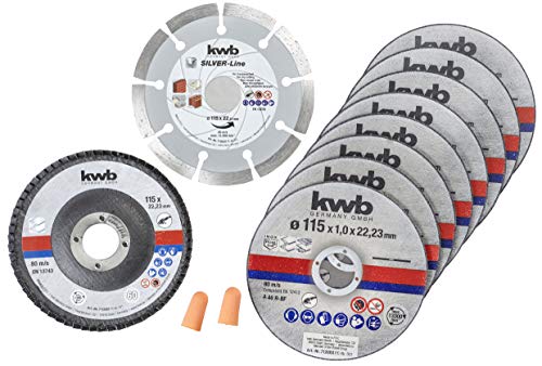 KWB Trennscheiben + Diamant-und Schleifscheibe, Ø Dünn Winkelschleifer 115 mm Trenn-Scheibe f. Edel-Stahl INOX in Aufbewahrungs-Dose inkl. Ohrstöpsel ABM. 115 x 1 x 22,23, Ø von kwb