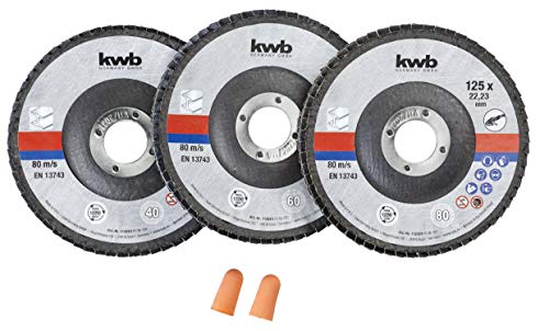 kwb 3 x Fächer-Schleif-Scheiben 125 mm in Aufbewahrungsdose inkl. Ohrstöpsel Korngrößen K-40, K-60, K-80 für Winkelschleifer ABM. 125 x 22,23 von kwb