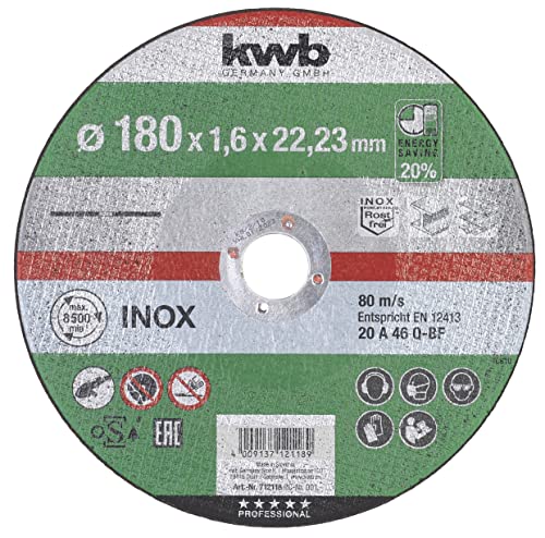 kwb AKKU-TOP extra dünne Trenn-Scheibe 180 mm Speed, 180 x 1,6 für Winkel-Schleifer, Flexscheibe geeignet für Edelstahl + Metall, Bohrung 22,23 mm, 180x1,6 von kwb