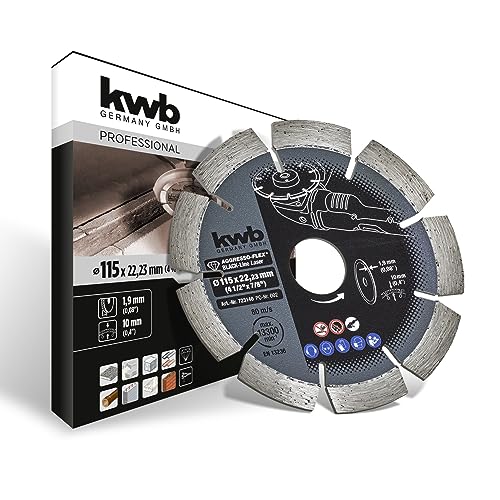 kwb AGGRESSO-FLEX Black-Line Diamanttrennscheibe ø 115 mm mit segmentiertem, lasergeschweißtem Turborand, gesintert, mit 22,23 mm Bohrung und hoher Lebensdauer von kwb