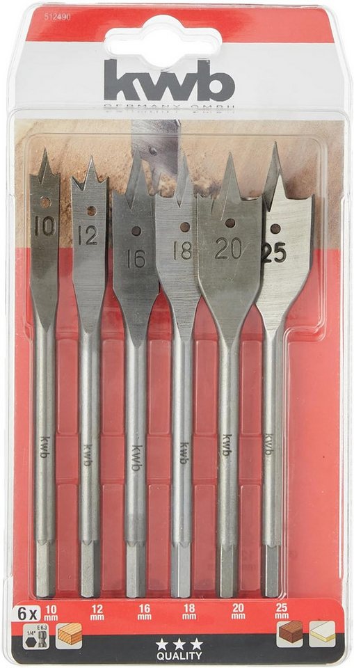 kwb Bohrer- und Bit-Set, kwb Flachfräs-Bohrer Set, 6-teiliger Flach-Bohrer Satz für Holz 10 -25 von kwb