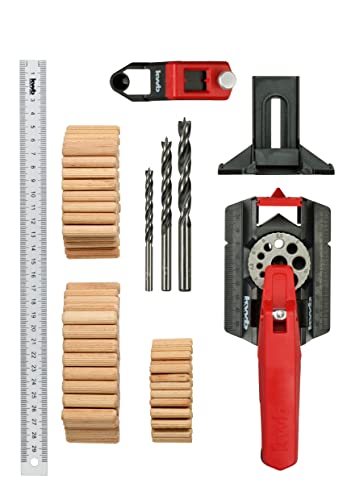 kwb Dübelhilfe/Dübellehre Set inkl. je 50 Dübel und 1 Bohrer 6, 8, 10 mm mit 30 cm, 3-12 mm Bohrlöcher inkl. Kernlochmaßen, Gerade Bohren in Holz, Metall, 153-teilig, Set mit Bohrern und Dübeln von kwb