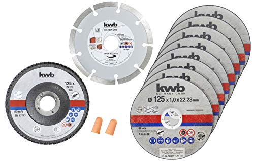 kwb Trennscheiben-Set, 10-teilig, Dünntrennscheiben, Diamanttrennscheibe, Schleifmopteller, Ø 125 mm, für Winkelschleifer, vielseitige Anwendung, praktische Aufbewahrungsdose, inkl. Gehörschutzstöpsel von kwb