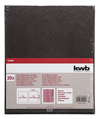 kwb Schleifpapierbogen 230x280 mm aus Korund in den Körnungen 60, 80, 150, 180, guter Verleimung und robustem Papierträger für den groben und mittelfeinen Schliff von Holz und Metall von kwb