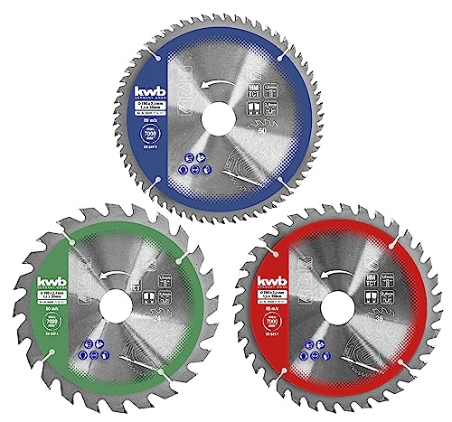 kwb Kreis-Sägeblatt-Set 190 x 30/20 / 16 mm für Handkreis-Sägen, f. Platten-Werkstoffe u. Baustoffe aus Holz inkl. Reduzier-Ringe auf 16 u. 20 mm von kwb