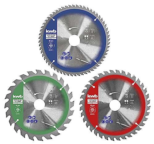 kwb Kreissägeblatt-Satz 210 x 30/20/16 mm für Kreissägen oder Tischkreissägen, für Platten und Holzbaustoffe, inklusive Reduzierringe bei 16 und 20 mm von kwb