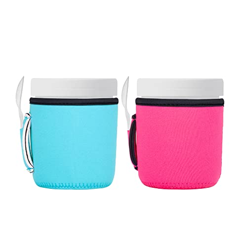 kwmobile 2X Eiscreme Becherhülle aus Neopren - Eiscremebecher Bezug Set - Eiscremehüllen Cover mit praktischem Löffelhalter - Hülle für Eiscremebecher - Pink Hellblau von kwmobile