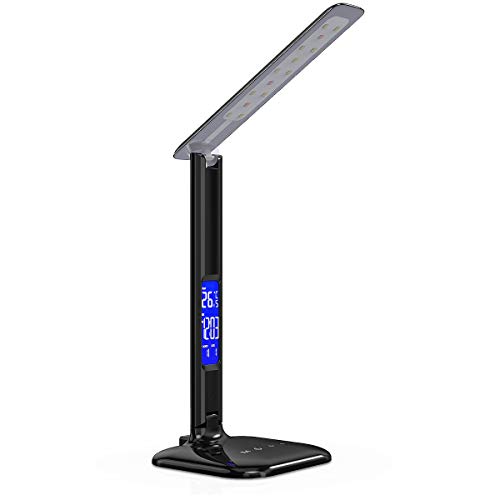 kwmobile Dimmbare LED Schreibtischlampe Lampe - Tischlampe mit USB Ladefunktion - Schreibtisch Nachttischlampe Tischleuchte mit LCD Display - Schwarz von kwmobile